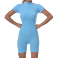 Combinaison courte de yoga côtelée bleu clair avec fermeture éclair et col montant - Bleu