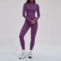 Ensemble de yoga prune brossé avec legging taille haute et veste zippée à manches - S / Veste + Leggings - Pourpre Foncé