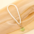 Elegant white pearl beaded necklace with green glass heart pendant and gold OT clasp - 5# Fruit Green