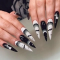 Halloween stiletto press-on nails featuring black and white bat silhouettes and gothic stars - Bat Moon Gothic Style - Glue Type (CJCY-145)