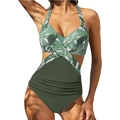 One-piece swimsuit with tropical leaf print halter top and green high-waist ruched bottom - S / Green Tropical Print