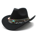Black wool western cowboy hat with bohemian ethnic tassel band and turquoise stone - M (56-58cm) / Black