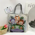 Canvas tote bag with cute animal embroidery and striped handles in beige finish - Style 8 - Animals Driving Car (Beige)