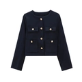 Women's chic dark cropped jacket with gold buttons and four front pockets on white background - XS / Dark Blue