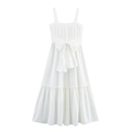Robe longue blanche à volants style français avec taille nouée et plis délicats - S / Blanc