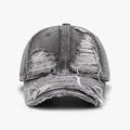 Distressed dark gray denim baseball cap with heavy ripped details and frayed edges - Adjustable / Smoky Grey (24A211)