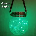 Solar crackle glass jar lantern with green LED fairy lights and jute rope handle - 20 LED Green Light