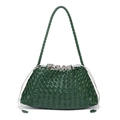 Dark green hand-woven leather tote with shoulder strap and grey drawstring pouch - Emerald