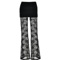 Chic black layered look flared trousers with pleated mini skirt and lace sheer panels - L / Black