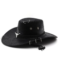 Cappello da cowboy nero con stemma a testa di toro e anelli per stile western outdoor - M (56-58cm) / Nero Con Testa di Toro Grande
