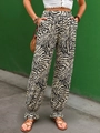 Pantaloni joggers donna con stampa zebrata a vita alta in tessuto di poliestere beige - Nero