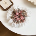 Sweet pink plaid scrunchie with white lace trim and elegant floral fabric texture - Scrunchie / Pink Mesh Lace