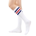 White knee-high socks with blue and red stripes in soft athletic knit style - One Size / White with Blue-Red-Blue Stripes