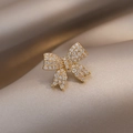 Elegant gold bow brooch with cat eye stone and sparkling crystals on silk fabric - Bowknot Shape Style (40112A)
