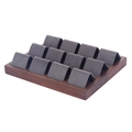 Walnut wood earring display tray with 12 slots and dark grey velvet inserts - Grey Velvet