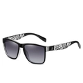 Classic black square sunglasses with unique black and white patterned temples and UV400 lenses - Black Frame / Gray Lens / Black White Pattern Legs (G7)