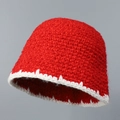 Detailed macro view of red crochet knit hat showing thick handmade wool texture and white trim - M (56-58cm) / Red (with White Scalloped Edge)