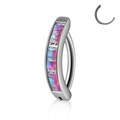 Silver stainless steel belly ring featuring iridescent purple opal and curved bar - Style 3-Opal OP38