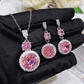 Luxury pink zircon jewelry set with halo pendant necklace and drop earrings in silver - Necklace and Earring Set