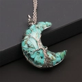 Macro shot of turquoise stone crescent moon pendant with silver wire wrap tree - Turquoise Moon Pendant-Stainless Steel Chain