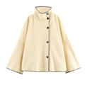 Elegant beige high collar wool cape coat with black stitching and buttons for women - XS / Milky White
