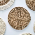 Bohemian round woven straw wall decor set with natural brown fibers and white tassels - Spiral Dense Woven Mat - Style 2 (11cm)