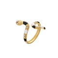 Macro detail of snake ring with black white enamel, gold plating and rhinestone inlay - Gold Black White Snake (J531-1)