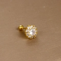 Detailed view of a gold flower stud earring with clear zircon and screw-back closure - Flower Cluster Design / Gold