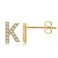 Macro view of 18K gold plated letter K stud earring with white zircon micro-pave - Style K