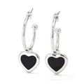 Silver stainless steel hoop earrings with black heart-shaped pendant in a minimalist style - Silver Black Style (PDE934)