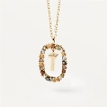 Golden oval pendant necklace with colorful zircons and letter T charm for women - Gold T