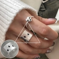 Silver open ring with black star pattern and beaded heart pendant ring set - JZ7442 Silver Black Star Open Ring Set