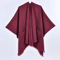 Women's burgundy knit shawl cape featuring front pockets and decorative fringe hem - Single Color with Pocket and Frayed Edge / Burgundy