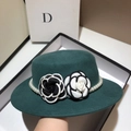 Elegant dark green wool flat top hat with camellia flowers and pearl chain trim - Adjustable / Deep Sea Green