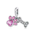 S925 sterling silver paw print and bone charm with pink gemstones and white zircons - Pink Cute Paw and Bone Pendant 0466