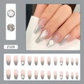 Press-on nails featuring grey-pink gradient with 3D white camellia flowers and rhinestones - Z328 Relief Camellia (Glue Style)