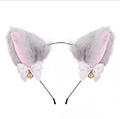 Grey cat ear headband with pink inner fur, white bows, and gold bells for cosplay - Grey Fur Pink Inner White Bow