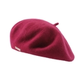 Classic magenta wool felt beret with metal logo plaque on clean white background - One Size / Fuschia