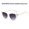 Cat eye sunglasses with white frames, golden metal temples and gradient grey lenses - Solid White Frame Approaching Gray Sheet