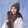 Women's warm coffee brown knitted hat scarf and touchscreen gloves winter 3-piece set - Coffee