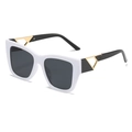 Modern white square sunglasses with black temples and golden hollow triangle metal detail - White Frame Black Temples Grey Lens