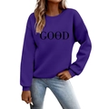 Purple crewneck sweatshirt featuring GOOD vibes letter print paired with blue denim jeans - Purple