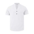 Close-up of white summer Henley shirt fabric texture with black buttons and size M tag - White