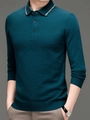 Dunkelgrünes langärmliges Strick-Poloshirt für Herren mit Karomuster am Kragen - M / Oberteile / Melange Grün