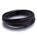 Multi-layer woven leather bracelet for men with black magnetic clasp in dark brown finish - Black Buckle (KB92473-K)