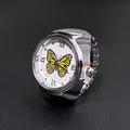 Silver quartz ring watch with butterfly pattern dial and elastic metal band for lovers - Yellow