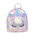 Pink holographic unicorn backpack for girls with sequins and faux fur pom pom details - Purple