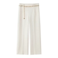 Chique gebroken witte broek met wijde pijpen, lederen riem en gouden ketting op witte basis - XS / Beige Broek
