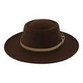 Elegant 9cm wide brim wool fedora hat in dark brown with gold buckle leather band - One Size(58cm) / Coffee