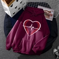 Burgundy hoodie with heart embroidery and drawstring hood in a flat lay style - S / Tops / Burgundy